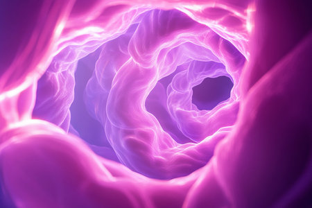 Bright purple and pink hues swirl together, forming a captivating abstract tunnel-like structure.の素材