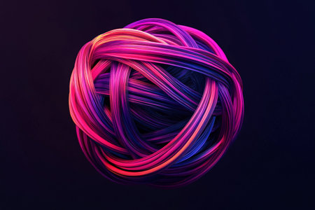 Bright strands intertwine to form a vibrant sphere, creating a stunning visual effect against the dark backdrop.の素材