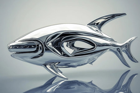A chrome fish sculpture showcases intricate design and modern artistry, reflecting light beautifully in a studio.の素材