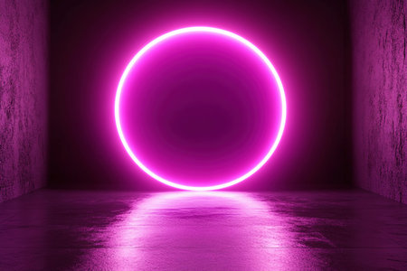 A vibrant pink neon circle illuminates a dim concrete room, creating a stunning visual effect.の素材