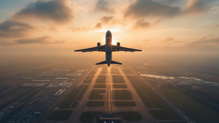 Airplane approaches an airport during sunset, casting shadows on the runway below while colors fill the sky.の素材