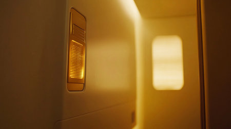 Warm light filters through a corridor with minimalistic design, creating a welcoming atmosphere.の素材