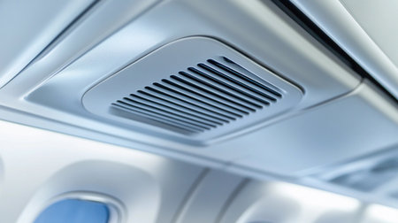 Ventilation system is displayed in the airplane cabin while passengers are seated and flying.の素材