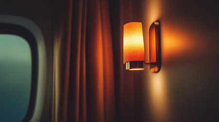 A soft glow illuminates a wall sconce next to a window covered by drapes, creating a warm atmosphere.の素材