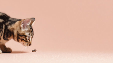 A playful kitten investigates a small mouse on a pastel pink surface, highlighting natural instincts.の素材