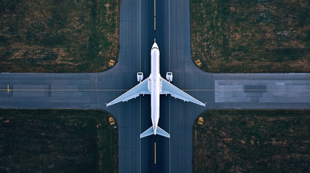 An airplane sits on the runway, ready for takeoff, under clear blue skies at an airport.の素材