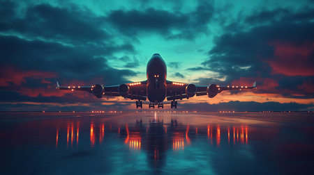 Airplane ascends into the sky with colorful clouds during sunset on a reflective runway.の素材