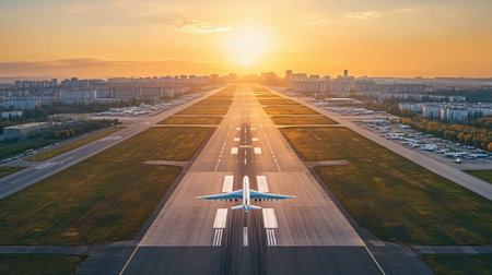 Sunrise lights up the runway as an airplane readies for departure in a busy airport setting.の素材