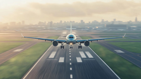 A jet aircraft rolls down the runway at an urban airport as the sun sets behind the city skyline.の素材
