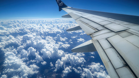 A passenger seat view from an airplane wing high above vibrant clouds during daylight.の素材