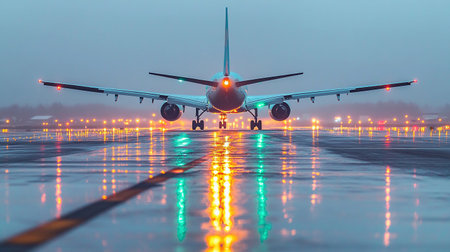 An airplane is lined up on the runway, ready for departure amid rain and low visibility.の素材
