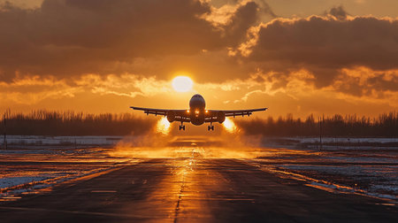 An airplane lifts off during sunset, leaving a trail of mist as the sun casts warm light over the scene.の素材
