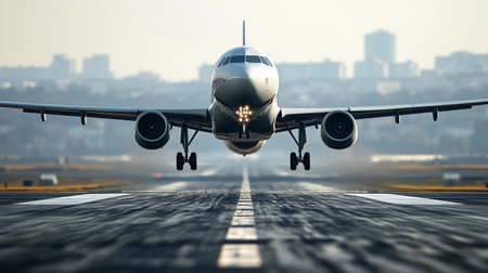 An airplane approaches the runway for landing as morning light illuminates the scene and the city skyline appears.の素材
