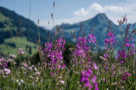 Colorful wildflowers flourish in a lush green meadow with mountains in the background on a sunny day.の素材