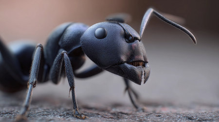 A black ant moves along the ground, showing its features and details in a natural setting.の素材