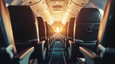 Bright sunlight fills an empty airplane cabin during a peaceful sunset.の素材