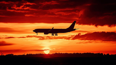 An airplane descends towards the runway as the sun sets behind dark clouds and trees.の素材