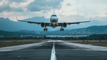 Airplane approaches for landing on a runway with mountains in the background under cloudy skies.の素材