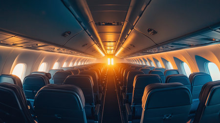Sunset light streams through the windows of an empty airplane cabin during a tranquil flight.の素材