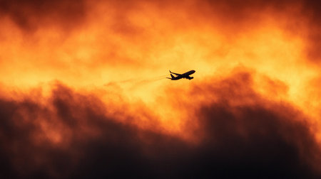 An airplane soars against a backdrop of fiery orange clouds during a dramatic sunset.の素材