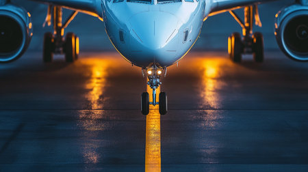 An airplane is lined up on the runway, ready for takeoff as the sun sets and lights illuminate the ground.の素材