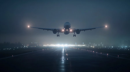 An aircraft approaches the runway, illuminated by runway lights in foggy conditions.の素材