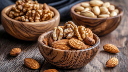 Three wooden bowls filled with walnuts, almonds, and hazelnuts on a rustic table.の素材