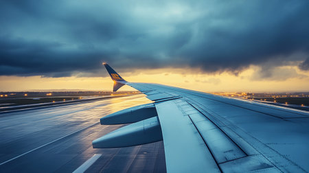 Rain clouds hover as the airplane ascends, revealing a beautiful sunset over the runway lights.の素材