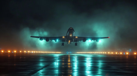 A large airplane lifts off from a wet runway at night, illuminated by bright lights.の素材
