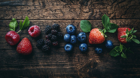 Fresh strawberries, blueberries, raspberries, and blackberries are placed on a wooden table with mint leaves.の素材