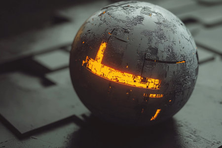 A round, metallic object glows bright orange, contrasting sharply with the dark surface around it.の素材