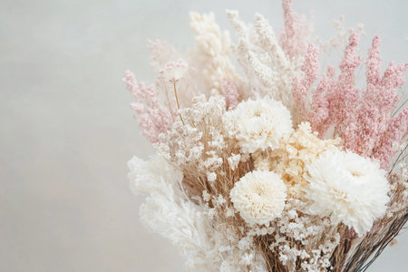 A stunning bouquet of dried flowers in soft shades of pink and white arranged thoughtfully for decor.の素材