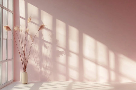 Tall plants in a vase create a tranquil scene with soft shadows on a pink wall from sunlight.の素材