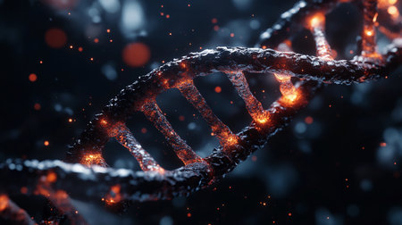 Researchers analyze a detailed model of DNA under low light, highlighting the complexity of genetic material.の素材