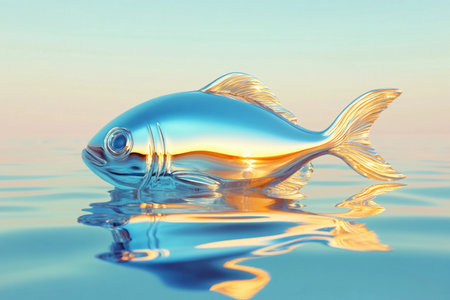 A sleek silver fish glides through tranquil water, reflecting the colorful sunset sky.の素材