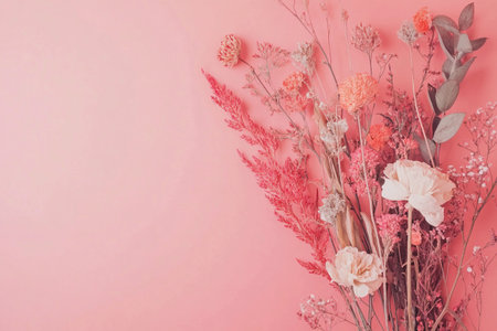 A vibrant collection of dried flowers is arranged against a soft pink background, creating a cheerful atmosphere.の素材