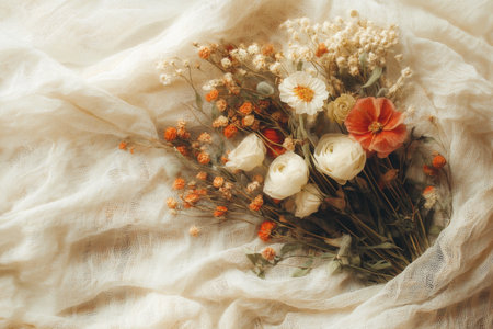 Colorful dried flowers are arranged beautifully on soft white fabric, creating a warm and inviting atmosphere.の素材