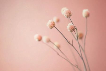 Soft pink flowering stems stand against a gentle pink backdrop, creating a calm and elegant atmosphere.の素材
