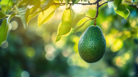 A ripe avocado is suspended from a branch among green leaves in a warm garden, showing natural beauty.の素材