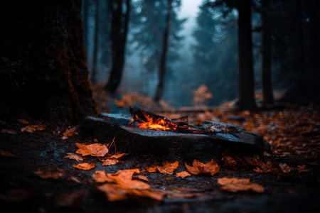 A cozy fire burns brightly surrounded by fallen autumn leaves in a foggy forest.の素材