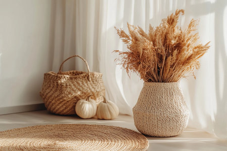 Dried flowers in a woven vase stand next to decorative pumpkins in a bright, inviting space.の素材