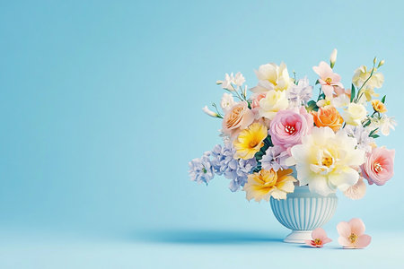 A beautiful arrangement of various flowers fills a white vase, set on a soft blue backdrop.の素材