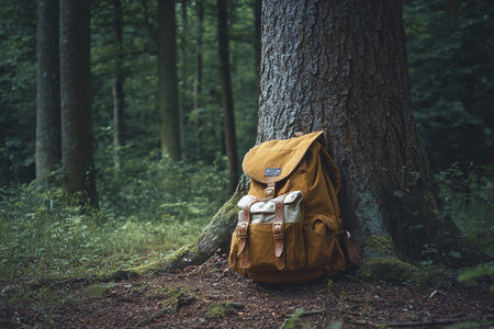 A rustic backpack rests against a large tree trunk in a peaceful forest setting during early morning light.の素材