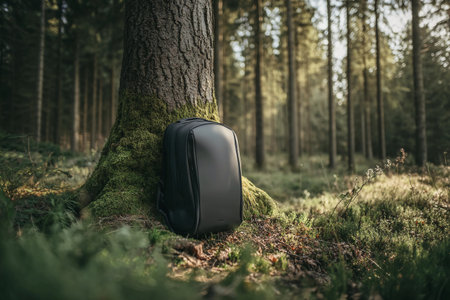 A black backpack leans against a tree in a lush forest, surrounded by tall trees and soft greenery.の素材
