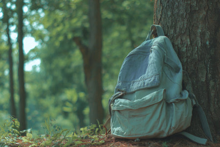 A light blue backpack leans against a tree in a serene forest filled with greenery and soft sunlight.の素材