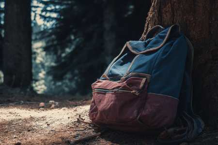 A colorful backpack leans against a tree in a quiet forest, surrounded by pine needles and soft sunlight.の素材