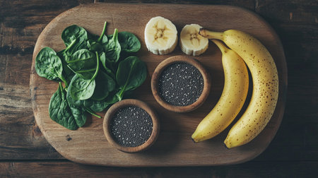 Bananas, chia seeds, and fresh spinach are neatly placed on a wooden board, ready for a healthy meal preparation.の素材