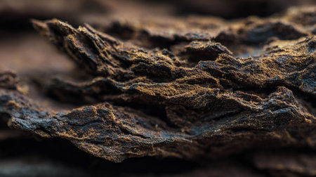 Close-up view reveals the intricate textures of rough tree bark in a forest environment under natural light.の素材