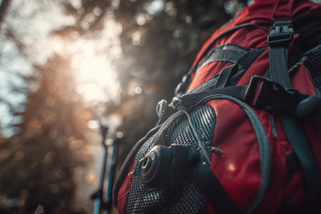 A red backpack rests on a hiking trail surrounded by trees, glowing softly in the warm light of sunset.の素材