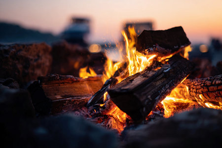 Friends gather around a warm fire on the beach as the sun sets, creating a relaxed atmosphere.の素材